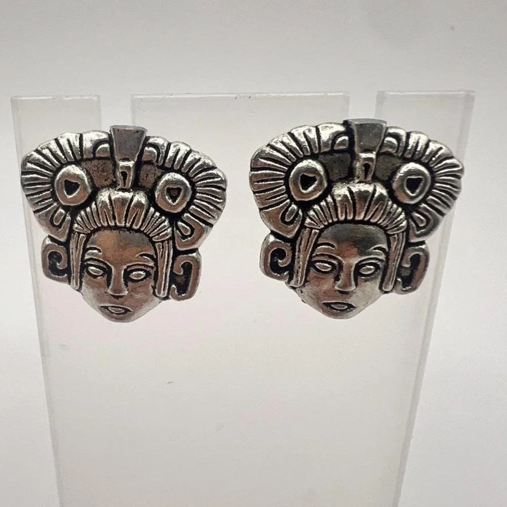 Sculptural Tribal Face Earrings Silver Pierced‎ Posts Statement Bold Ethnic Vibe